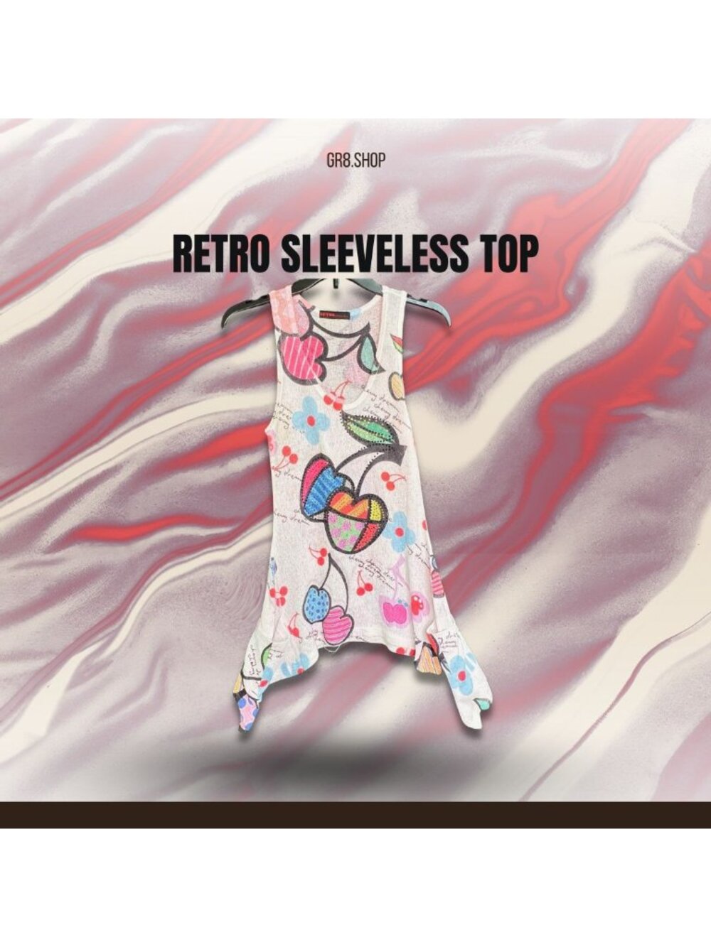 RETRO Sleeveless Top With Colorful Cherry & Heart Print Asymmetrical Hem Lightwe